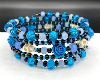 Extra Large Blue Skull and Rose Memory Wire Wrap Bracelet