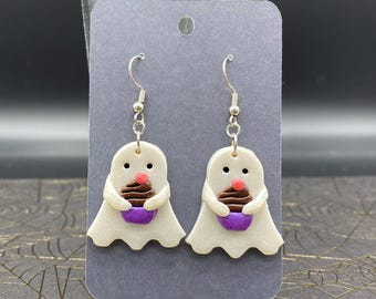 Ghost with Chocolate Cupcake Purple Polymer Clay Earrings