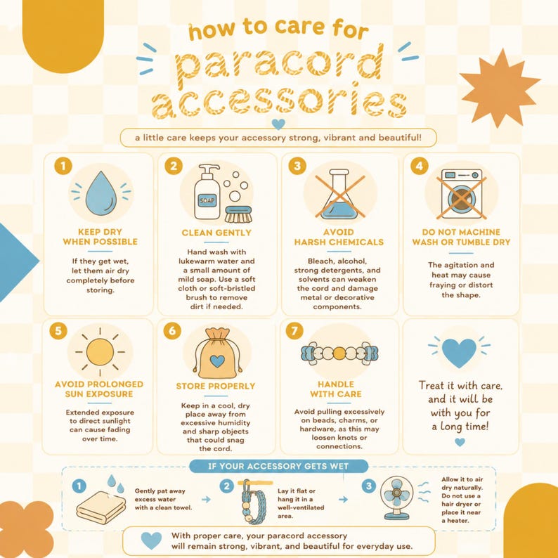 Op de afbeelding: Een instructieve infographic getiteld how to care for paracord accessories met een lichtgele geblokte achtergrond. Het bevat zeven genummerde stappen met iconen en tekst die instructies voor reiniging, opslag en onderhoud uitleggen.