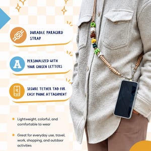 Gepersonaliseerde telefoonkoord met kralen en letters, kleurrijke crossbody telefoonhouder met alfabet, voor leraren, moeders en reizigers. afbeelding 17