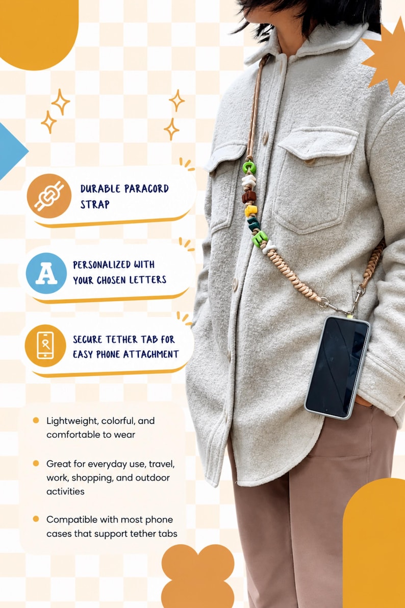 Gepersonaliseerde telefoonkoord met kralen en letters, kleurrijke crossbody telefoonhouder met alfabet, voor leraren, moeders en reizigers. afbeelding 17
