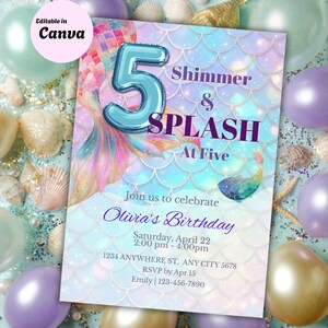 Mermaid 5th Birthday Invitation, Shimmer & Splash at Five, Pastel Rainbow Under the Sea Party Invite, Printable 5x7 Canva Template