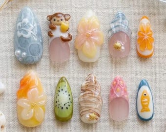 Monkey & Fruit Press-On Nails: Tropical Summer Nail Art Set