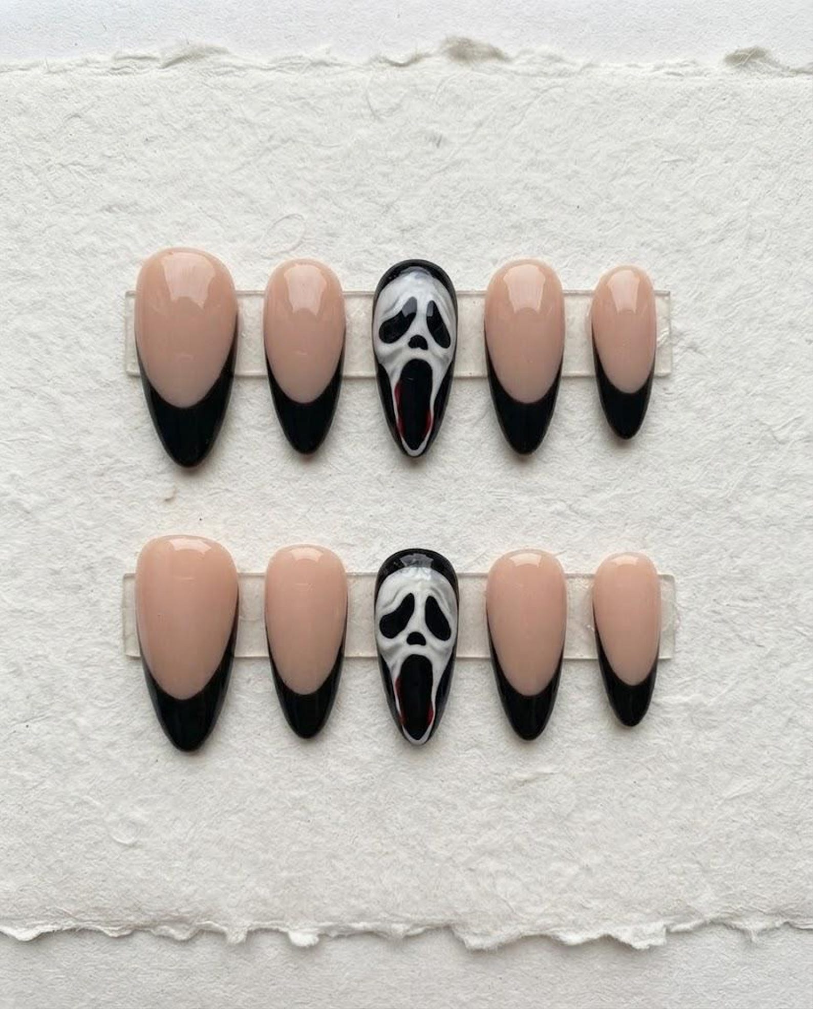 Scream Ghostface French Tip Press on Nails, Hand Painted Halloween Horror Nails