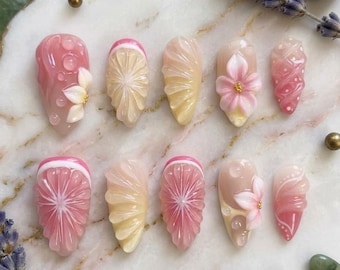 3D Grapefruit Flower Press-On Nails, Long Almond Stiletto