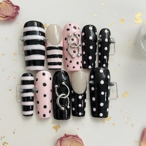 Handmade Punk Princess Press On Nails, 3D Metal Chains, Spikes, Pink Dots & Candy Stripes