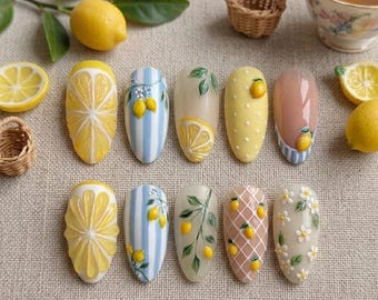 Summer Lemon Press On Nails, Fresh Citrus Nail Set, Yellow Blue Nails