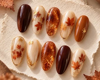 Fall Press On Nails, Maple Leaf Nail Set, Brown Gold Autumn Nails