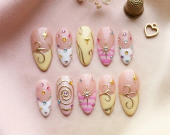 Magical Y2K Starry Press On Nails, Pink Stripes & Pastel Gel Nails