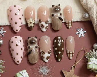 3D Cat Coffee Bean Press On Nails: Kawaii Handmade Latte Art Gel Nails