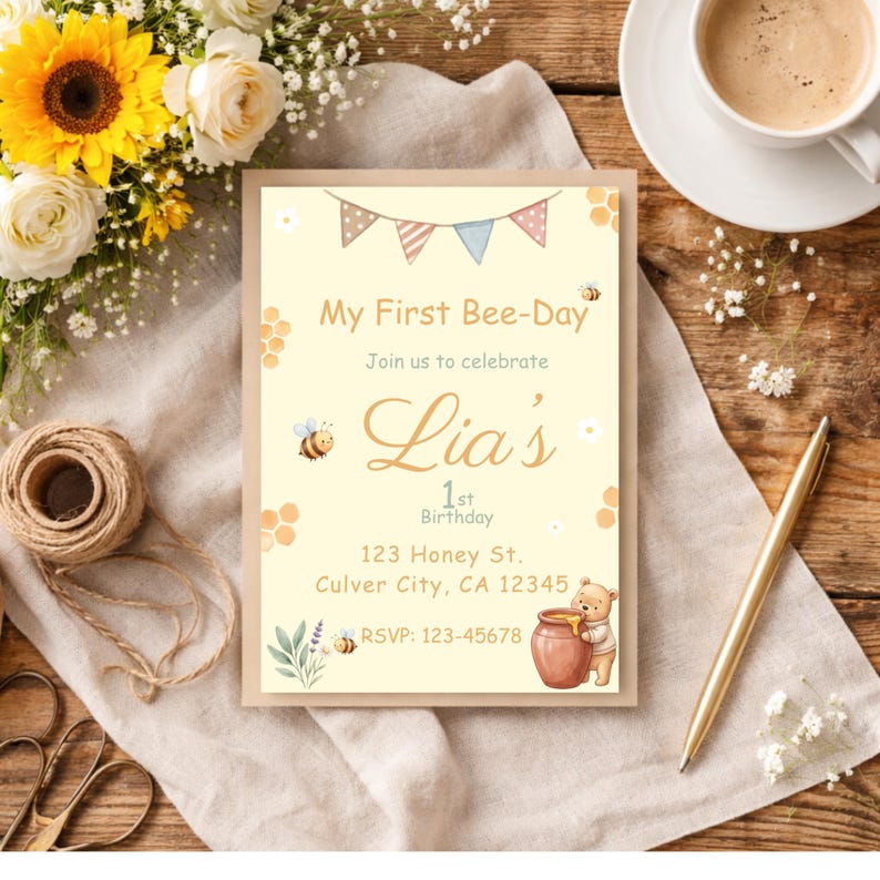 Editable Bee-day Party Bundle Template, First Bee Birthday Invitation ...