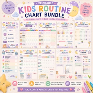 May include: A printable Kids Routine Chart Bundle with 10 charts to build habits and confidence. The charts include bedtime, daily responsibility, reward, and feelings check-in. The design features pastel colors, cute illustrations, and the text "Instant Download".