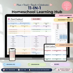 May include: An 11-in-1 digital homeschool learning hub dashboard displayed on a laptop, tablet, and smartphone. The interface features sections for parent and student dashboards, assignment trackers, reading logs, and gradebooks with data tables.