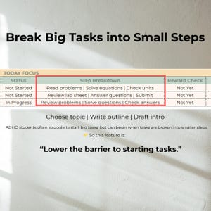 ADHD student planner with focus system that breaks assignments into small steps, helping executive function and task initiation in Google Sheets.