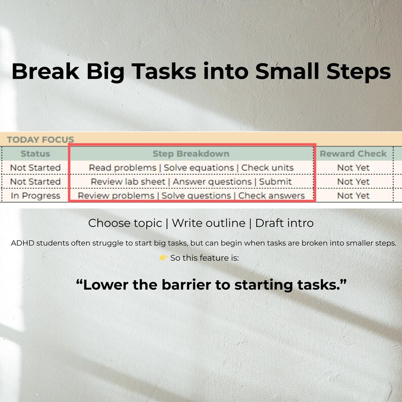 ADHD student planner with focus system that breaks assignments into small steps, helping executive function and task initiation in Google Sheets.