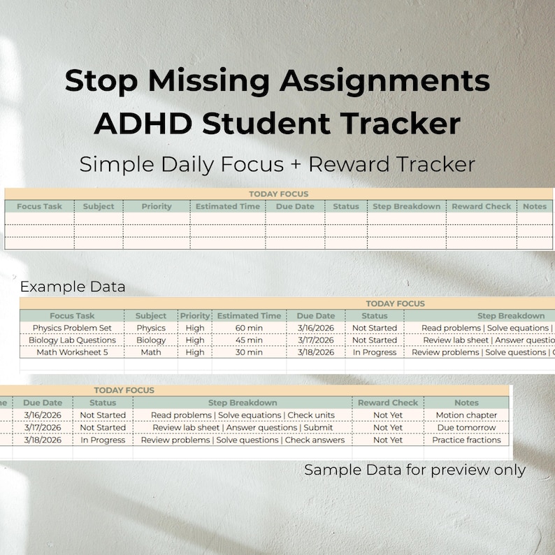 Missing assignment tracker and ADHD student planner with focus system, reward tracking, and executive function support in Google Sheets template.