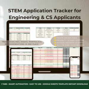 May include: A digital STEM Application Tracker for Engineering and CS Applicants displayed on a laptop, tablet, and smartphone. The dashboard features tables for tracking deadlines, essays, portfolios, and recommendations with priority scores and action alerts.