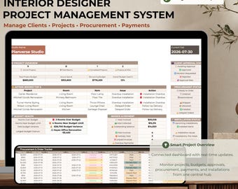 Interior Design Project Management Google Sheets Template for FF&E Procurement Budgets Clients Invoices and Installations