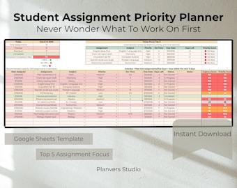 Student Assignment Tracker Assignment Priority Planner Missing Assignment Tracker Overdue Homework Tracker Google Sheets Homework Planner