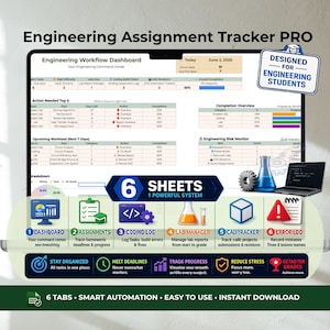 以下が含まれることがあります： ノートパソコンの画面に表示されたEngineering Assignment Tracker PROデジタルダッシュボード。インターフェースには、エンジニアリングワークフローダッシュボード、タスクリスト、進捗グラフ、および課題、コーディング、ラボ、CADプロジェクトを追跡するための6つのラベル付きタブが含まれています。