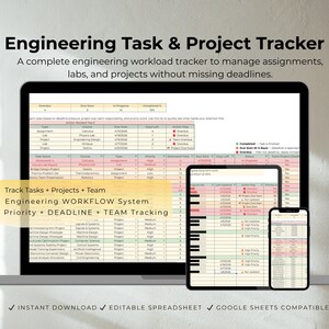 May include: A digital engineering task and project tracker displayed on a laptop, tablet, and smartphone. The spreadsheet-style layout organizes tasks, due dates, and priorities. Text includes "Engineering Task & Project Tracker" and "Track Tasks + Projects + Team."