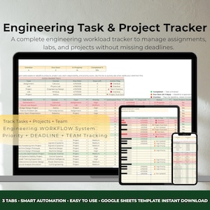 以下が含まれることがあります： コンピューターモニター、タブレット、スマートフォンに表示されたEngineering Task & Project Trackerデジタルスプレッドシートテンプレート。インターフェースには、色分けされた行、進捗バー、タスクや期限を追跡するための列が含まれています。