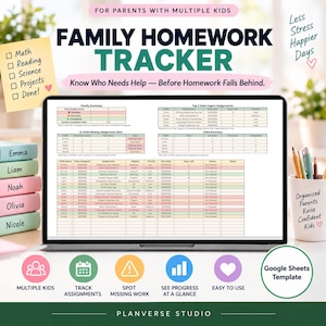 Op de afbeelding: Een digitaal sjabloon voor het bijhouden van huiswerk voor gezinnen op een laptopscherm. De interface bevat tabellen voor taakoverzichten, waarschuwingen voor ontbrekend werk en voortgang. Tekst: 'Family Homework Tracker', 'Google Sheets Template', 'Planverse Studio'.