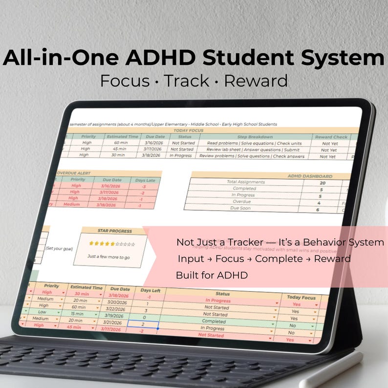 ADHD assignment tracker with focus system and reward tracker in Google Sheets, executive function planner for students to track homework and stay organized.