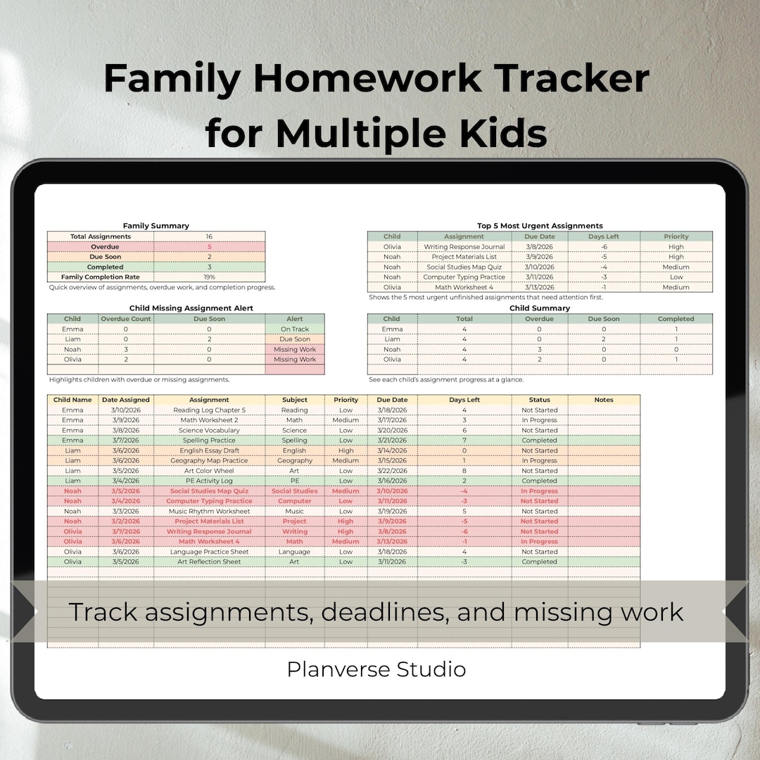 Multiple Kids Homework Tracker Parent Dashboard Missing Assignment ...