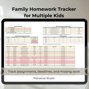 May include: A digital tablet displays a family homework tracker. The screen shows assignment details, due dates, and completion status for multiple children. Text on the screen reads "Family Homework Tracker for Multiple Kids". The tablet also displays the text "Track assignments, deadlines, and missing work."