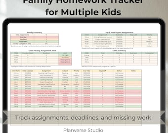 Multiple Kids Homework Tracker Parent Dashboard Missing Assignment Tracker Overdue Homework Organizer Google Sheets Template
