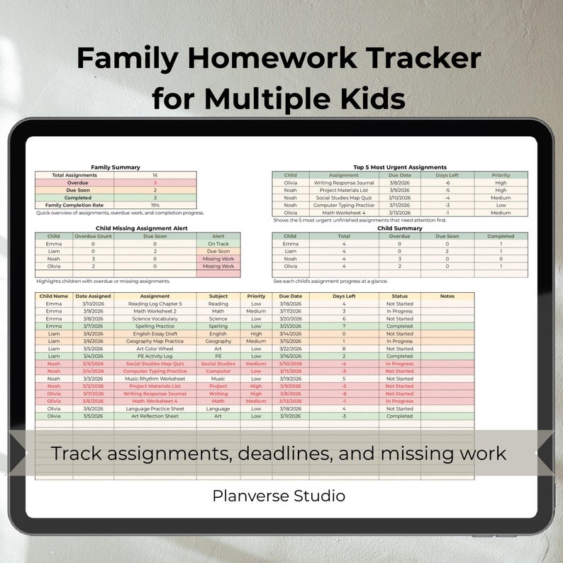 Multiple Kids Homework Tracker Parent Dashboard Missing Assignment ...