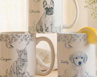 Personalized Dog Portrait Mug From Photo, Toile de Jouy Coffee Mug, Dog Lover Gift, Dog Mom Gift, Dog Dad Gift, Dog Memorial Gifts