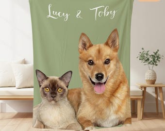 Personalized Pet Photo Blanket with Name, Custom Dog Cat Portrait Blanket, Pet Memorial Gift, Dog Mom Gift, Cat Lover Blanket