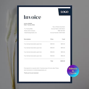 May include: A dark blue invoice template with the word "Invoice" at the top. The document includes fields for invoice number, date, recipient, and itemized descriptions with prices. A logo is in the top right corner. The text "Editable in Canva" is in a circle in the bottom right.