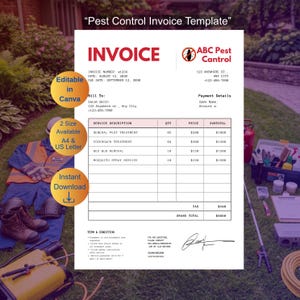 Könnte beinhalten: Eine Schädlingsbekämpfungsrechnungsvorlage mit dem Text "INVOICE" und "ABC Pest Control". Die Rechnung enthält Felder für Rechnungsnummer, Datum, Rechnungsempfänger, Leistungsbeschreibung, Menge, Preis und Zwischensumme. Die Vorlage ist in Canva bearbeitbar.