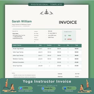 May include: A professional invoice template for a yoga teacher and wellness coach. The document features a dark green header with a yoga silhouette icon, fields for client details, an itemised table of services, and a payment status section.