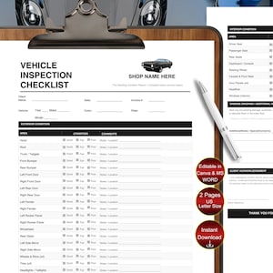 May include: A vehicle inspection checklist with sections for exterior and interior condition, including areas like the hood, roof, and seats. The document includes a space for a shop name and is editable in Canva and MS Word.