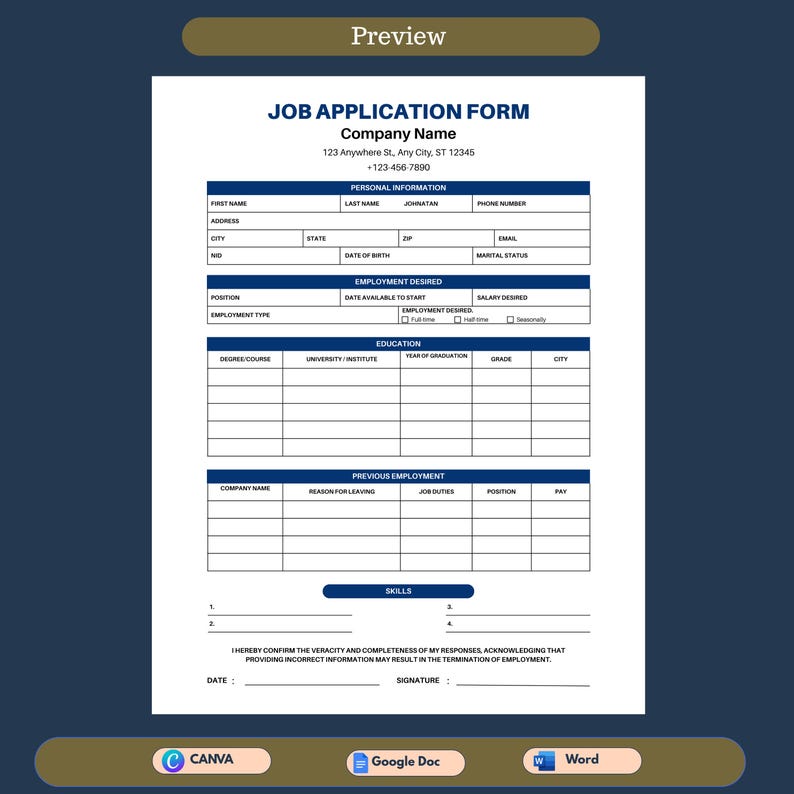 Editable Job Application Form Template Word Google Doc & Canva ...