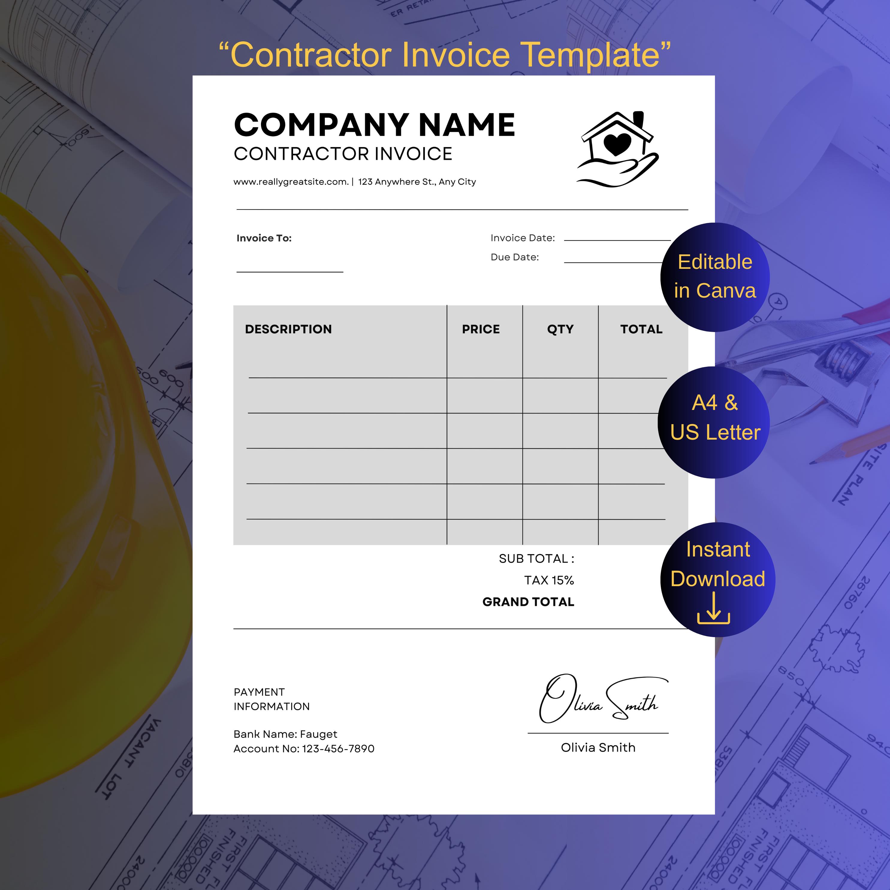 Editable Contractor Invoice Template, Canva Professional Service ...