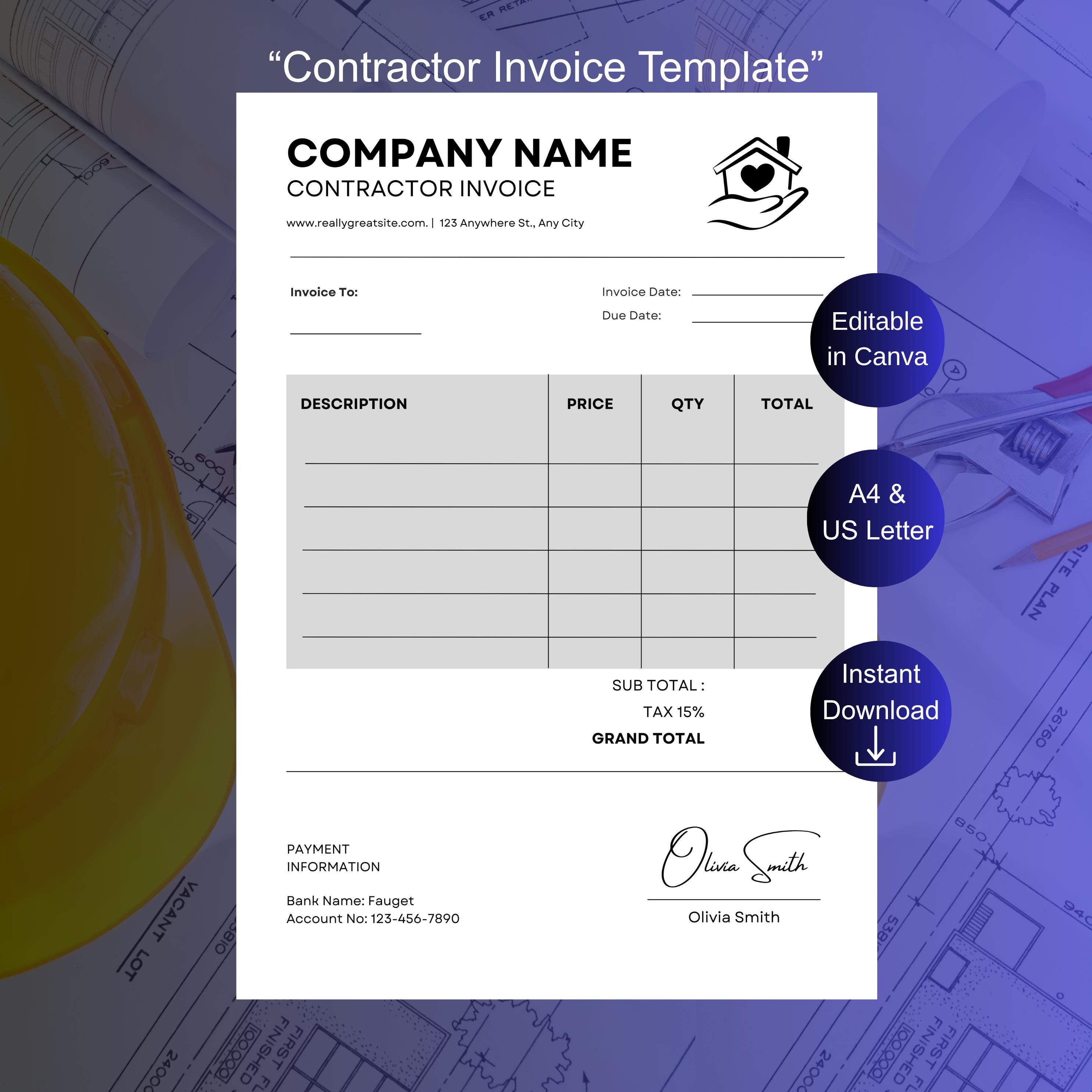 Service Bill Form Editable Contractor Invoice Template, Canva Professional Service ...