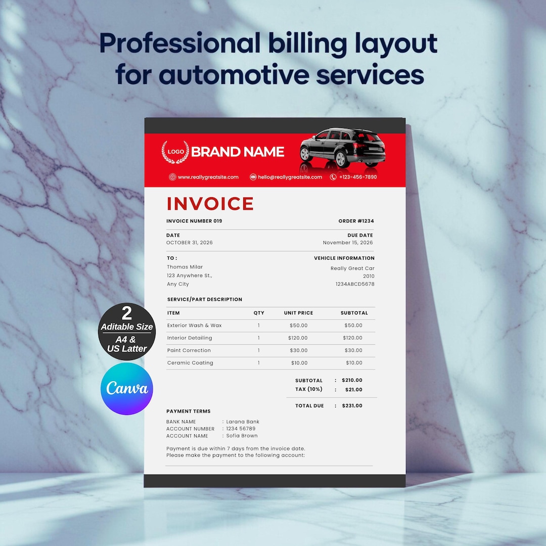 Automotive Detailing Invoice Template | Automotive Service Invoice ...