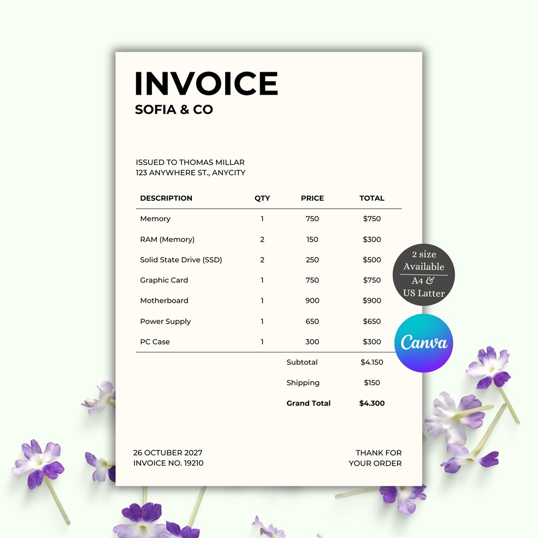 Professional Invoice Template (canva, A4 & US Letter) - Etsy