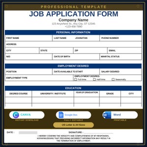 Peut inclure: Un modèle de formulaire de candidature professionnel avec des en-têtes bleus et des champs blancs. Les sections incluent les informations personnelles, l'emploi souhaité et l'éducation. Le bas affiche les logos Canva, Google Docs et Word.