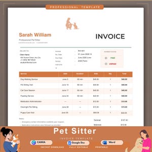 Peut inclure: Un modèle de facture pour pet sitter professionnel avec un schéma de couleurs beige et blanc. Le document comprend des sections pour les coordonnées, les informations de facturation, un encadré de statut de paiement et un tableau détaillé.