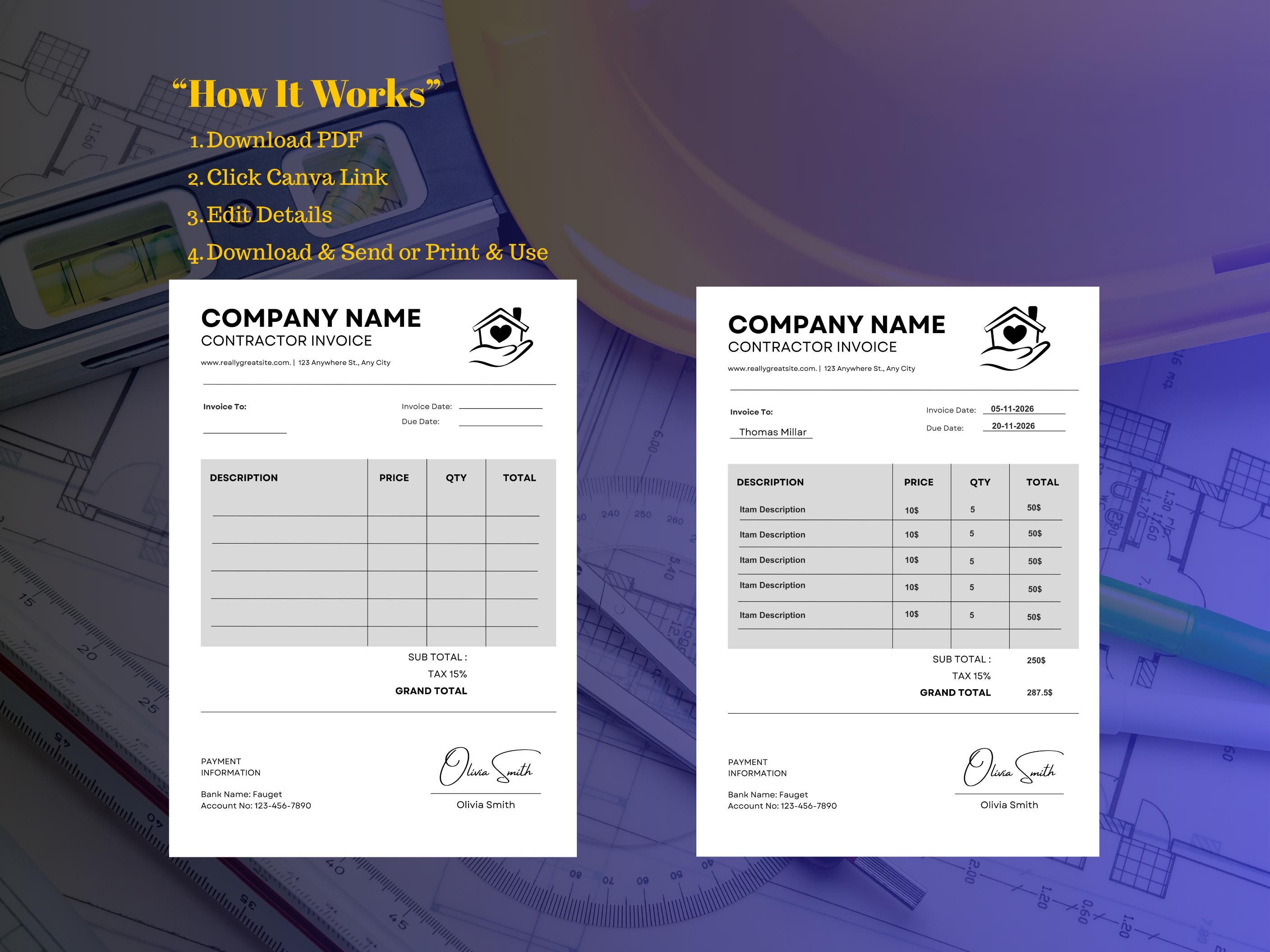 Editable Contractor Invoice Template, Canva Professional Service ...
