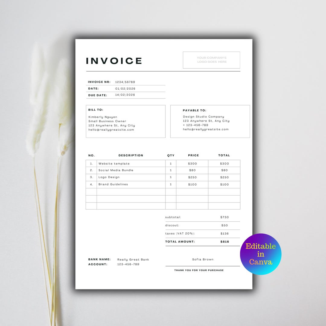 Canva Editable Invoice Form | Professional Small Business Billing ...