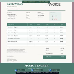May include: A professional invoice template for a music teacher, featuring a green and white layout. The document includes sections for contact details, billing information, a detailed table of piano lessons and fees, payment methods, and notes.