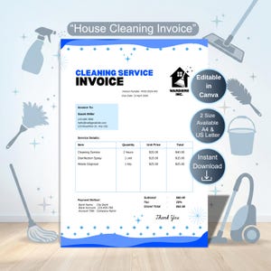 May include: A blue and white cleaning service invoice template with the text "House Cleaning Invoice" at the top. The invoice includes sections for service details, payment method, and a thank you message. It is editable in Canva and available for instant download.