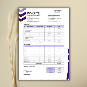 May include: A construction invoice with a purple and white design. The document includes sections for services, materials, and approval signatures. The invoice number is 123456789. The invoice is from Benjamin Shah and is for Thomas Milar.